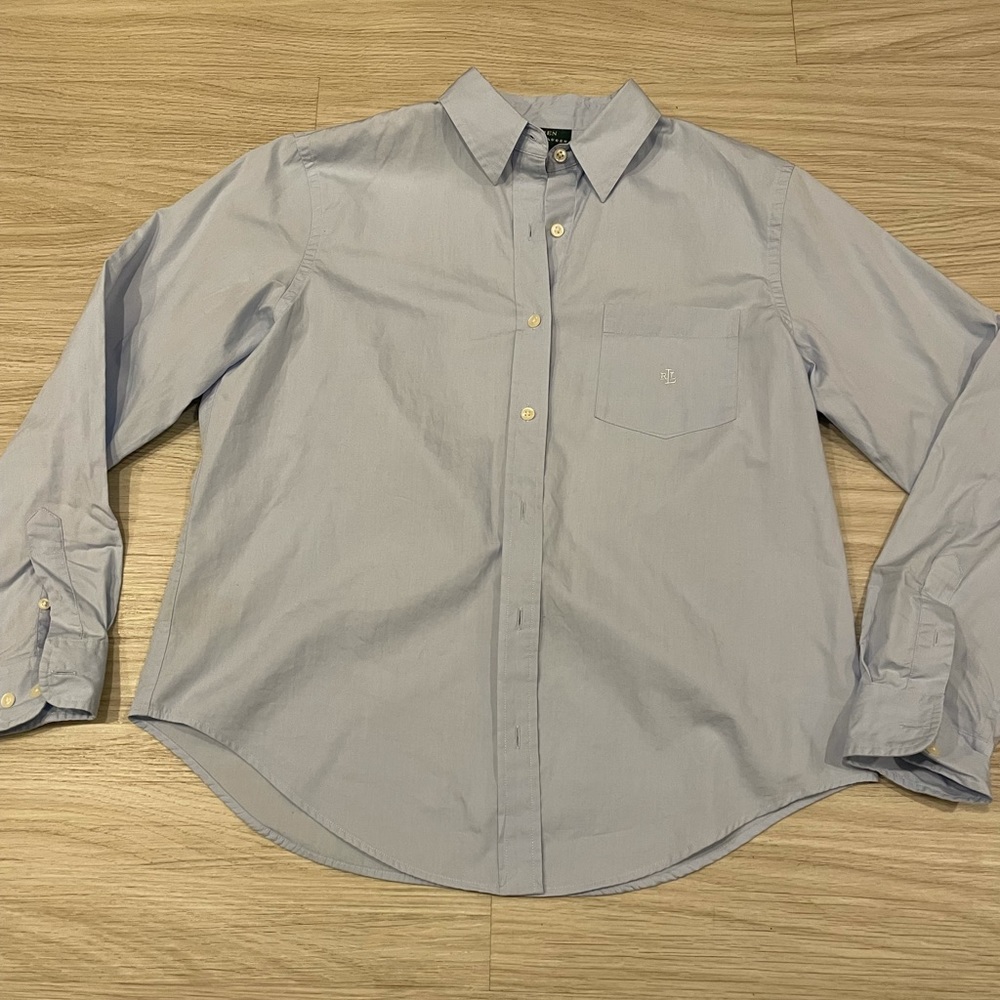 Ralph Lauren Women’s Blue Cotton Button Up with Embroidered Pocket